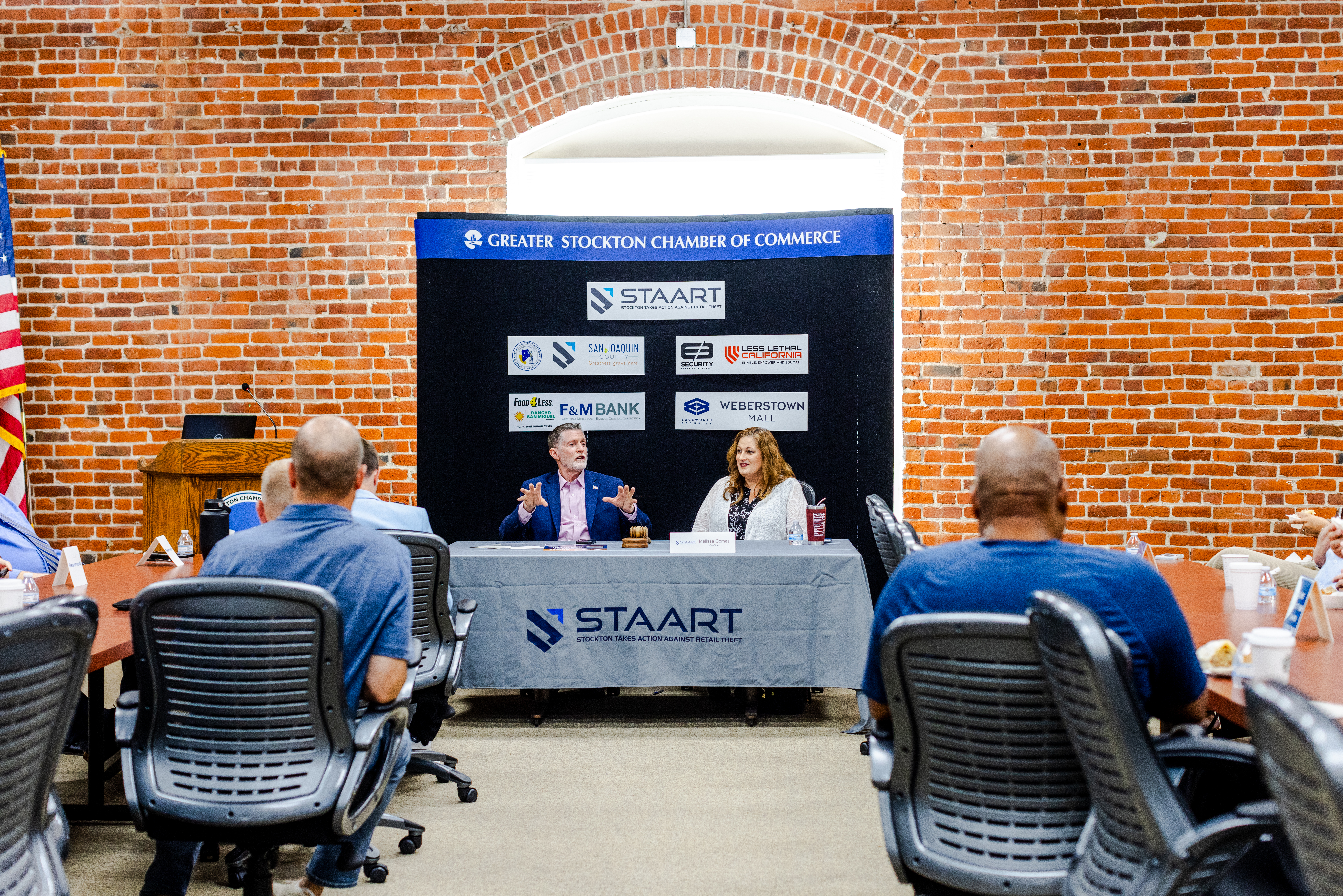 Frank J. Ferral, Chief Policy Officer of the Greater Stockton Chamber of Commerce, discusses the new STAART app, aimed at combating retail theft, during its unveiling at a press conference at 445 W. Weber Ave. Suite 220 in Stockton, CA.