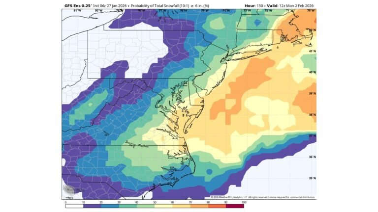 Baltimore Faces Uncertain Weekend Snow Threat as Forecasts Show 30–40% Chance of a 6-Inch Storm