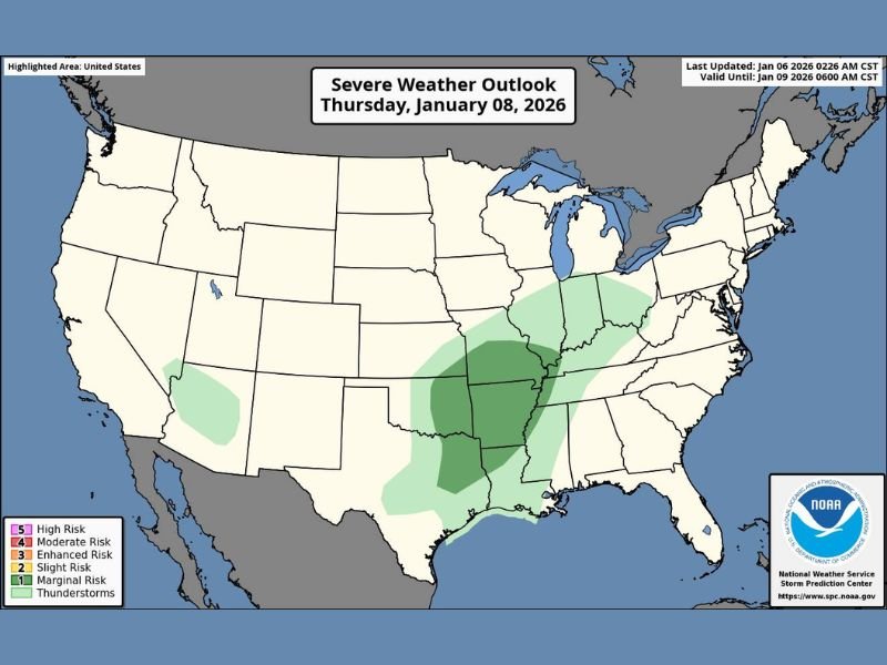 Severe Thunderstorm Threat Targets Southern Plains and Mississippi Valley With Tornadoes, Hail, and Damaging Winds Possible Thursday