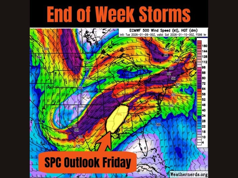 Texas, Louisiana, Mississippi, Alabama, and Tennessee Brace for End-of-Week Storms as Jet Stream Dips Sharply South