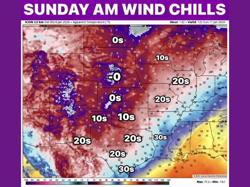 Texas, Oklahoma, and the Plains Brace for Bitter Sunday Morning as Arctic Front Drives Wind Chills Into the Teens and Below Zero